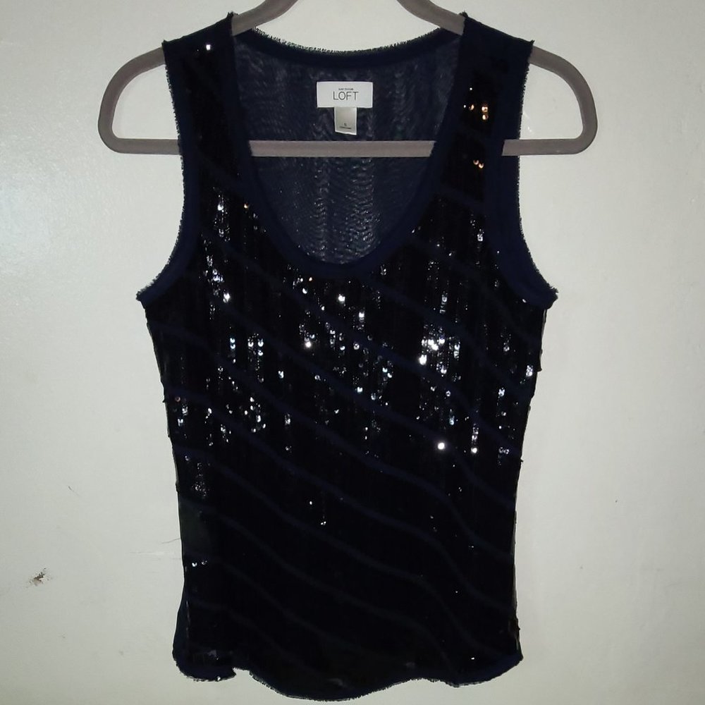 LOFT Navy blue w/black sequin top